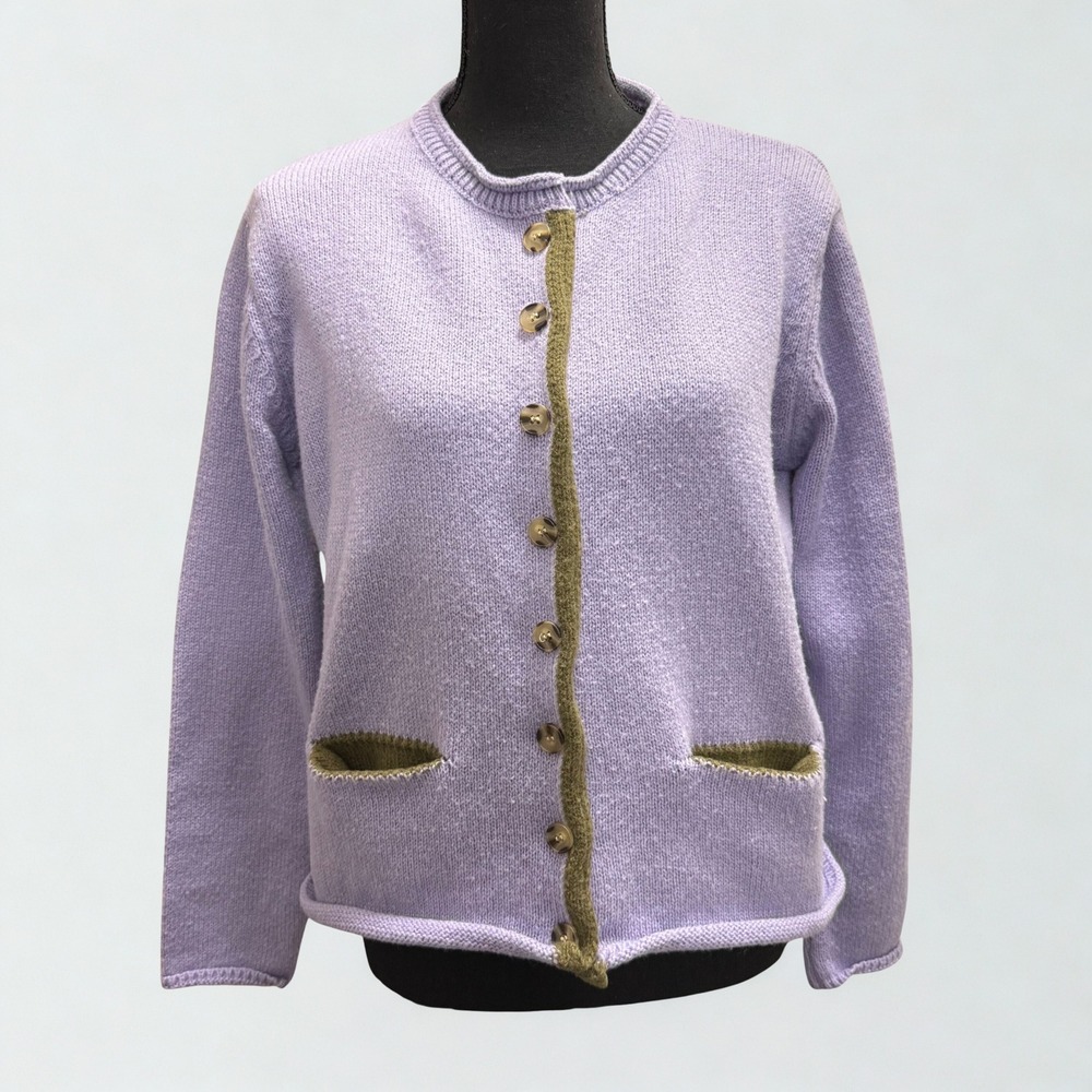 Grandmacore Lavender Knit Button Front Cardigan with Green Trim Pockets‎ Size L